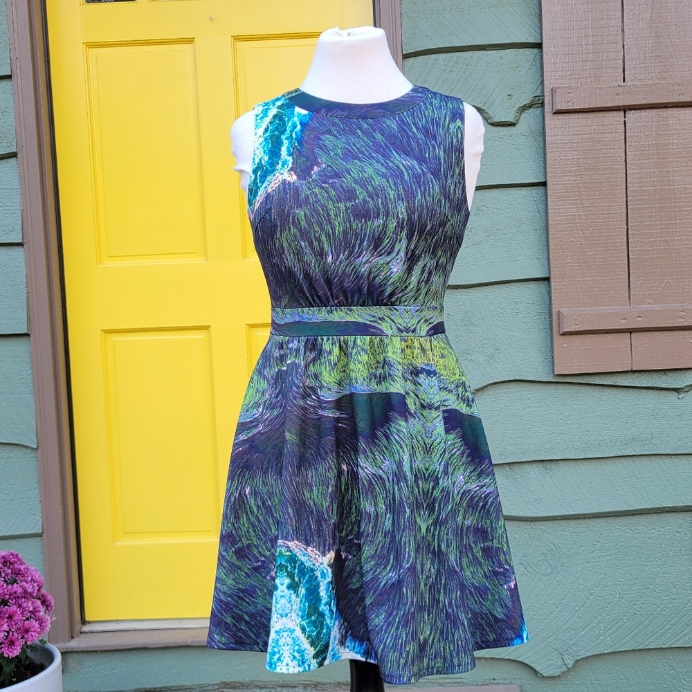 Melao Abstract Art Print Fit & Flare Dress Sleeveless Fully Lined